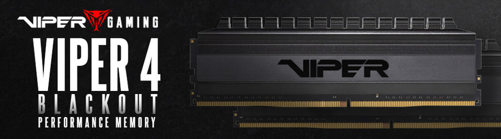  Front view of the Patriot Viper 4 Blackout memory module in standing position. Next to it on the left are Viper Gaming logo and texts reading as   